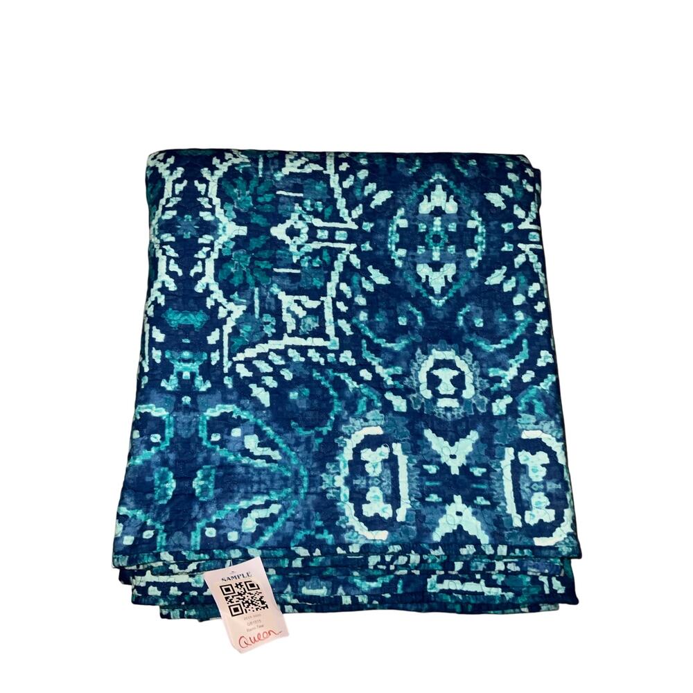 Remi Teal Aqua Geometric Patterned Scrub Cap Queen Size Quilt Throw